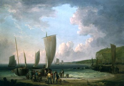 Een kustlandschap met vissers die lossen door William Anderson