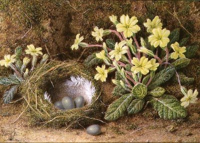 Stilleven van eieren in een nest en sleutelbloemen door William B. Hough