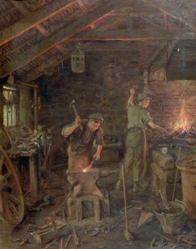 Door hamer en hand, staan alle kunsten (De smidse) door William Banks Fortescue