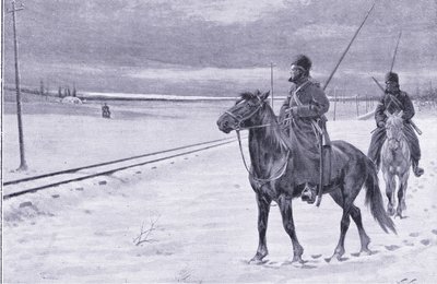 Bewaking van de spoorweg bij Mukden, illustratie uit Cassells History of the Russo-Japanese War Vol 1, ca. 1900 door William Barnes Wollen