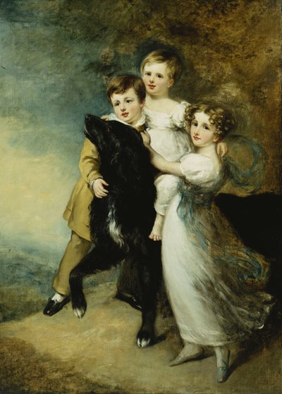 Drie kinderen met een hond in een landschap door William Beechey
