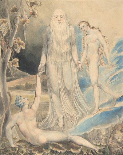 Engel van de Goddelijke Aanwezigheid brengt Eva naar Adam De Schepping van Eva..., recto..., 1803 door William Blake