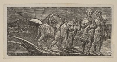 Jongen die vrolijk terugkeert, met ploeg en ossen, uit Thorntons Pastorals of Virgil, 1821 door William Blake