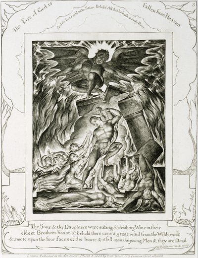 De zonen en dochters van Job, overweldigd door Satan door William Blake