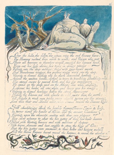 „Over de heuvels, de dalen, de steden woeden de felle rode vlammen...” (Plaat 18) door William Blake