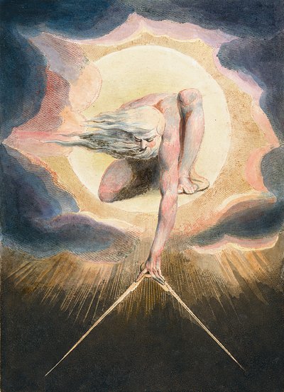 The Ancient of Days - Urizen meet de materiële wereld af. Illustratie van het frontispice van het boek 