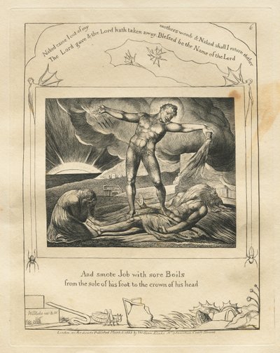 Het boek Job: Pl. 6, En sloeg Job met zere zweren van de zool van zijn voet tot de kroon... door William Blake