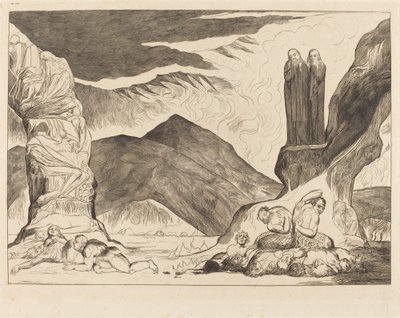 De Cirkel van de Vervalsers; Dante en Vergilius die hun Neus Bedekken vanwege de Stank door William Blake