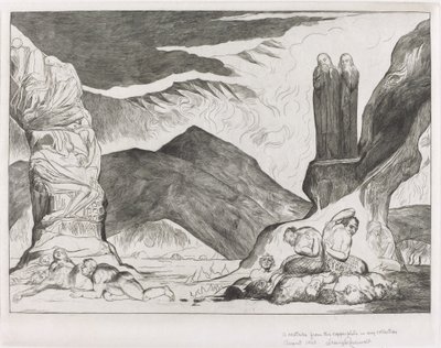 De Cirkel van de Vervalsers; Dante en Vergilius die hun Neus Bedekken vanwege de Stank door William Blake