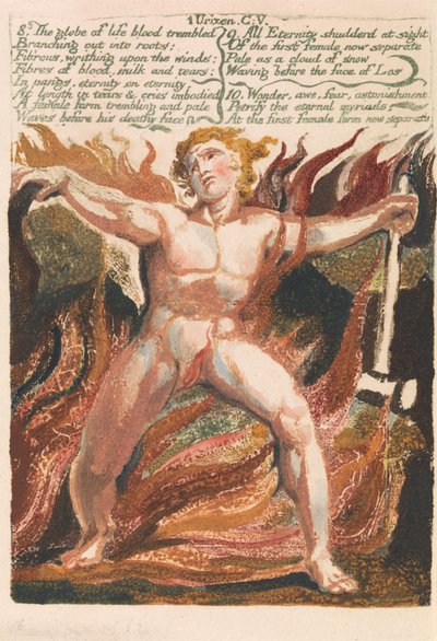 Het eerste boek van Urizen, plaat 15, "8. De bol van levensbloed trilde . . . ." (Bentley 18) door William Blake