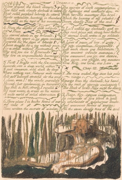 Het Eerste Boek van Urizen, Plaat 4, "Verzamel rond de kale woestijnen..." (Bentley 4) door William Blake