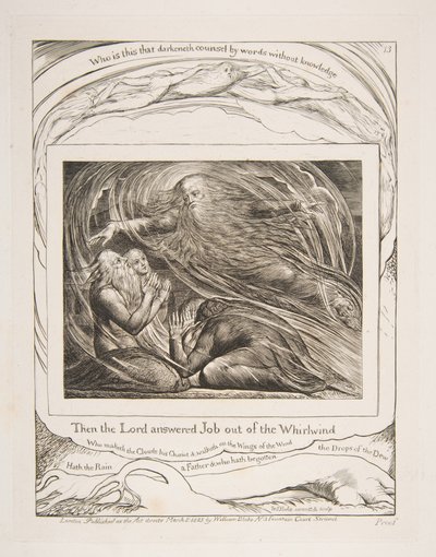 De Heer Beantwoordt Job uit de Wervelwind, uit Illustraties van het Boek Job, 1825-26 door William Blake