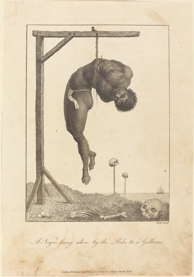 Een neger levend opgehangen aan de ribben aan een galg door William Blake after John Gabriel Stedman