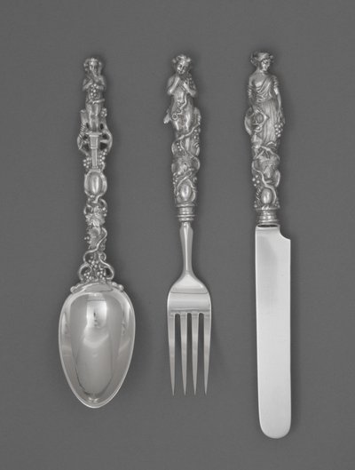 Set van kinderbestek (mes, vork en lepel), ca. 1865-1874 door William Bogert