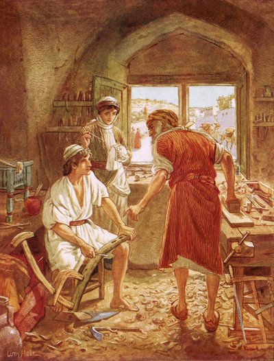 Christus werkend met Jozef als timmerman door William Brassey Hole