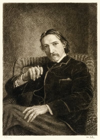 Robert Louis Stevenson (1850-1894) Britse auteur, vooral bekend om zijn bestsellers Schateiland, Ontvoerd en De vreemde zaak van Dr. Jekyll en Mr. Hyde. Illustratie door William Brassey Hole door William Brassey Hole