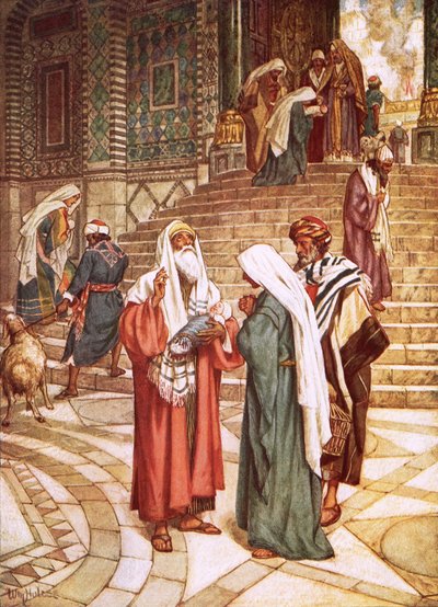 Het kind Jezus naar de tempel gebracht en door Simeon als de redder herkend door William Brassey Hole