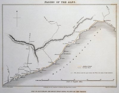 Kaart van passen in de Maritieme Alpen, kustweg tussen Genua en Nice, uit Illustraties van de passen van de Alpen waarmee Italië communiceert met Frankrijk, Zwitserland en Duitsland, door William Brockedon door William Brockedon
