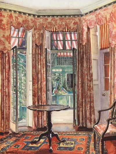 Interieurdecoratie: Een Londense kamer in roodtinten door William Bruce Ellis Ranken