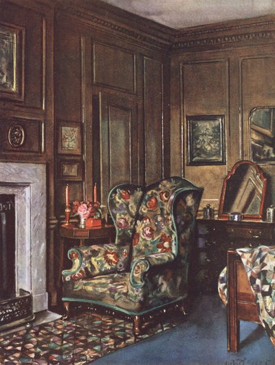 Interieurdecoratie: Een slaapkamer met bruine muren verlevendigd door felle kleuren door William Bruce Ellis Ranken