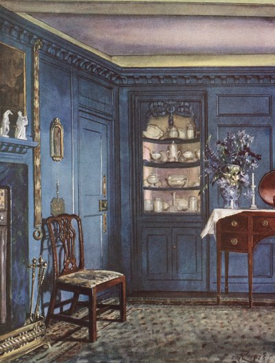 Interieurdecoratie: Een eetkamer met blauw gestippelde muren door William Bruce Ellis Ranken