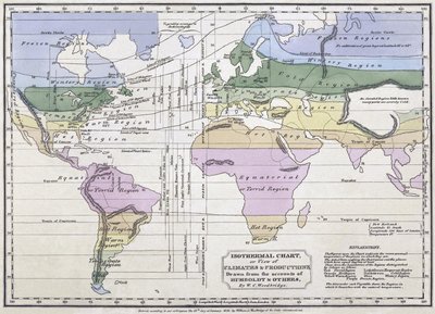 Isothermische kaart, of, overzicht van klimaten en producties, illustratie uit verslagen van Alexander von Humboldt, 1823 door William C. Woodbridge