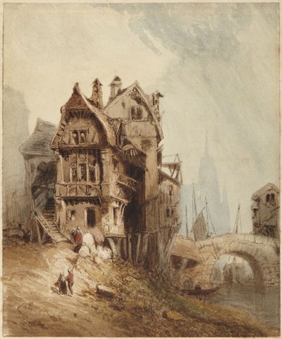 Huizen aan de rivier door William Callow