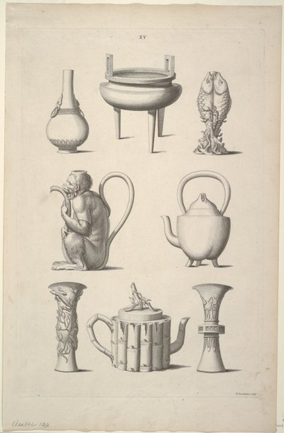 Ontwerpen voor servies, plaat XV van Ontwerpen van Chinese gebouwen, meubels, kleding, machines en gereedschappen door William Chambers