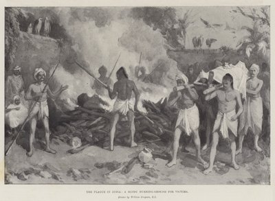 De pest in India, een hindoeïstische brandplaats voor slachtoffers door William Crimea Simpson