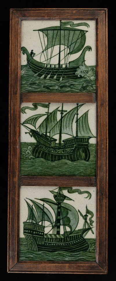 Tegelpaneel van schepen in volle zeil, in lijst, ca. 1865-80 door William de Morgan