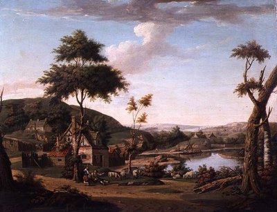 Rivierlandschap met figuren buiten een huisje door William Deas