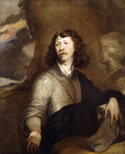 Portret van een Heer, Mogelijk de Kunstenaar, Halflengte, in een Bruine Mantel en Blauwe Omslag, Naast een Marmeren Buste, in een Rotsachtig Landschap door William Dobson