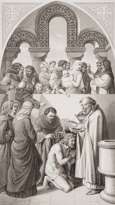 De doop van koning Ethelbert (ca. 552-616) van Kent door St. Augustinus in Canterbury in 597, uit 