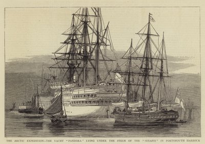 De Arctische Expeditie, het Jacht Pandora liggend onder de Achtersteven van de Serapis in de Haven van Portsmouth door William Edward Atkins