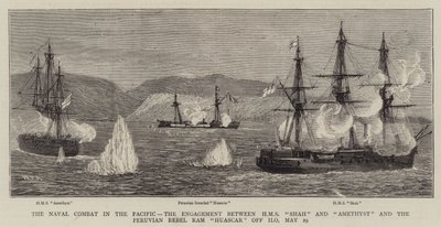 Het zeeslag in de Stille Oceaan, het gevecht tussen HMS Shah en Amethyst en de Peruaanse rebellenram Huascar bij Ilo, 29 mei door William Edward Atkins