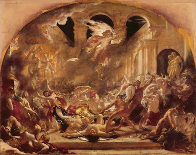 De vernietigende engel en demonen van het kwaad onderbreken de orgieën van de verdorvenen en onmatigen door William Etty
