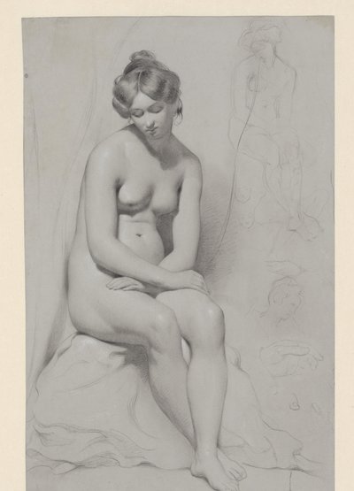 Zittend naakt vrouwelijk model met hoog kapsel, ernaast nogmaals geschetst door William Etty
