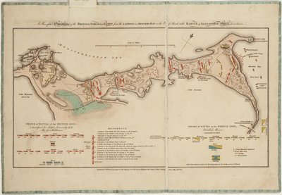 Een plan van de operaties van de Britse troepen in Egypte van de landing in Aboukir Bay op 8 maart tot de Slag bij Alexandrië op 21 maart inclusief door William Faden