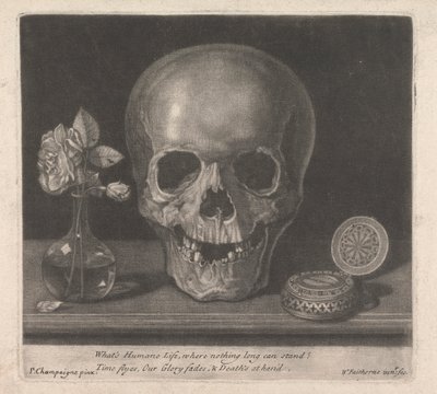 Wat is menselijk leven, waar niets lang kan blijven staan? Tijd vliegt, onze glorie vervaagt, en de dood is nabij. door William Faithorne