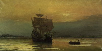 De Mayflower bij haar aankomst in Plymouth Harbor door William Formby Halsall