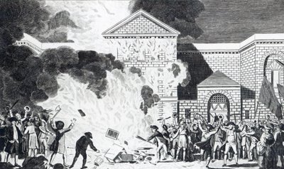 De verwoestingen veroorzaakt door de relschoppers van Londen die de nieuwe gevangenis van Newgate in brand steken en het meubilair van Mr. Akerman verbranden, 6 juni 1780, gegraveerd door T. Thornton door William Hamilton