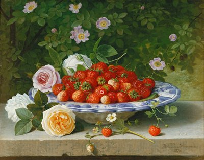 Aardbeien in een Blauwe en Witte Schaal met Rozen en Hondsroos op een Richel door William Hammer