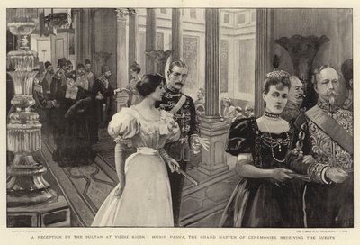 Een ontvangst door de Sultan in Yildiz Kiosk, Munir Pasha, de Grootmeester van Ceremonies, ontvangt de gasten door William Hatherell
