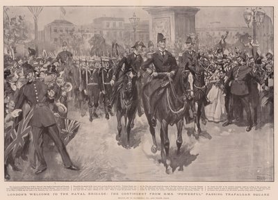 Londens welkom aan de Marine Brigade, het contingent van HMS Powerful passeert Trafalgar Square door William Hatherell