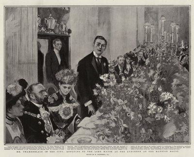 De heer Chamberlain in de stad, antwoordend aan de Lord Mayor tijdens de lunch in het Mansion House door William Hatherell