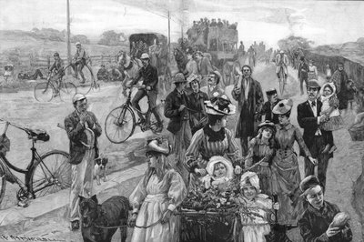 Straatscène met veel fietsen door William Hatherell