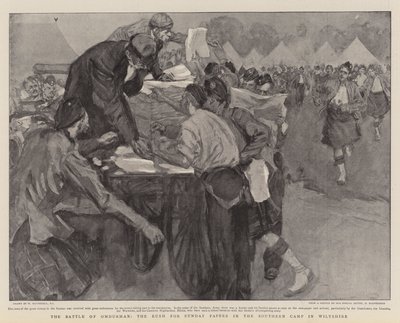 De slag bij Omdurman, de stormloop op de zondagskranten in het zuidelijke kamp in Wiltshire door William Hatherell