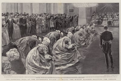Het Carnavalbal in het Gouverneurspaleis op Malta, de Menuetdansers groeten de Troon door William Hatherell