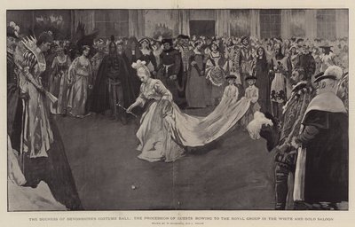 Het kostuumbal van de hertogin van Devonshire, de processie van gasten die buigen voor de koninklijke groep in de witte en gouden salon, 1897 door William Hatherell