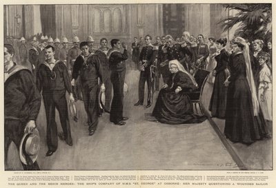 De Koningin en de Benin Helden, de Bemanning van H.M.S. St George bij Osborne, Hare Majesteit ondervraagt een Gewonde Zeeman door William Hatherell